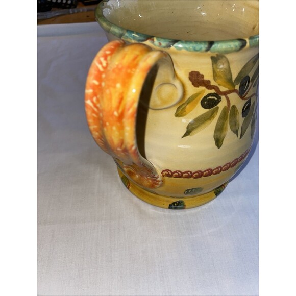 Italica ARS Pottery Pitcher 7” Tall 5” Wide Yellow Beige Olive Branch Handle - Picture 9 of 12
